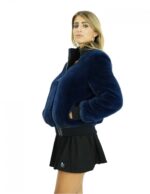 Giacca Bomber 44 visone blu con lavorazione a pelle intera e elastico in vita e polsi nero