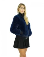 Giacca Bomber 44 visone blu con lavorazione a pelle intera e elastico in vita e polsi nero