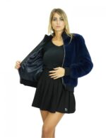 Giacca Bomber 44 visone blu con lavorazione a pelle intera e elastico in vita e polsi nero