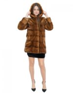 Cappotto 40 pelliccia di visone gold scuro con cappuccio maniche lunghe tasche esterne e coulisse