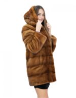 Cappotto 40 pelliccia di visone gold scuro con cappuccio maniche lunghe tasche esterne e coulisse