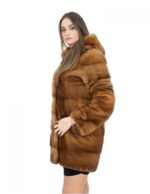 Cappotto 40 pelliccia di visone gold scuro con cappuccio maniche lunghe tasche esterne e coulisse