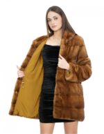 Cappotto 40 pelliccia di visone gold scuro con cappuccio maniche lunghe tasche esterne e coulisse