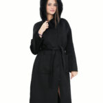 Cappotto nero 46 in lana e pelliccia di volpe cashmere con cappuccio cintura chiusura bottoni