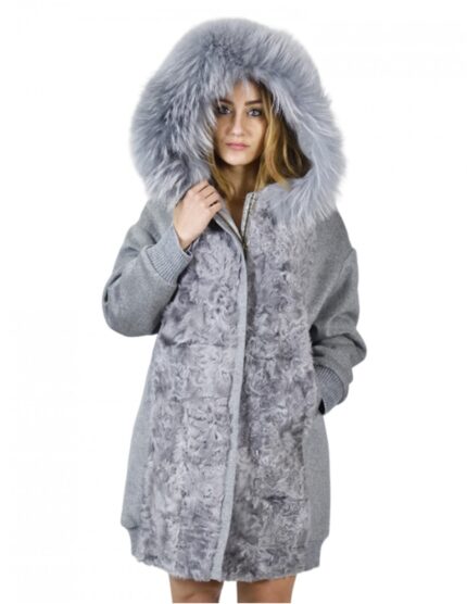 Cappotto grigio zaffiro 48 lana persiano e volpe cappuccio zip elastico polsi e fondo