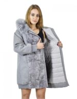 Cappotto grigio zaffiro 52 lana persiano e volpe cappuccio zip elastico polsi e fondo