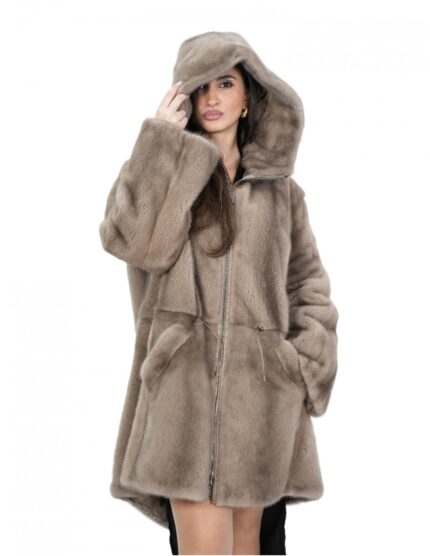 Cappotto 52 reversibile nocciola visone intero e tessuto impermeabile zip manica lunga lungo 86 cm