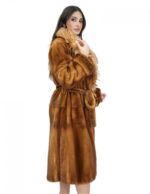 Gold mink coat with fox collar 44 fur belt full leather long sleeve - Image 4