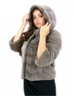 Visone orizzontale giacca tortora cashmere 42 manica tre quarti con tasche esterne e ganci