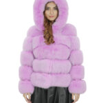 Giacca lunga 64 cm 42 pelliccia volpe lavanda lavorazione orizzontale con maniche lunghe e cappuccio
