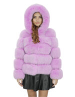 Giacca lunga 64 cm 42 pelliccia volpe lavanda lavorazione orizzontale con maniche lunghe e cappuccio