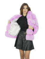 Giacca lunga 64 cm 42 pelliccia volpe lavanda lavorazione orizzontale con maniche lunghe e cappuccio