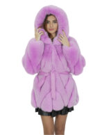 Giacca in volpe trasversale 46 fucsia rosa lavanda cappuccio pelliccia donna con ganci a maniche lunghe