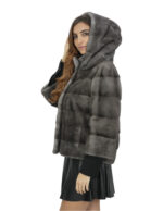 Giacca blue iris pelliccia visone cappuccio 46 manica tre quarti orizzontale chiusura ganci donna