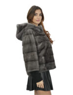 Giacca blue iris pelliccia visone cappuccio 46 manica tre quarti orizzontale chiusura ganci donna