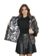 Giacca blue iris pelliccia visone cappuccio 46 manica tre quarti orizzontale chiusura ganci donna