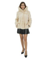 Beige mink jacket soft fur 44 hood long sleeve closure hooks - Image 5