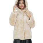 Giacca visone beige pelliccia morbida 44 cappuccio manica lunga chiusura ganci