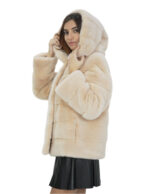 Beige mink jacket soft fur 44 hood long sleeve closure hooks - Image 3