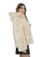 Beige mink jacket soft fur 44 hood long sleeve closure hooks - Image 4