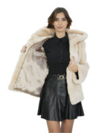 Beige mink jacket soft fur 44 hood long sleeve closure hooks - Image 7