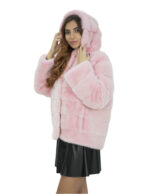Giacca visone rosa pelliccia morbida 46 cappuccio manica lunga chiusura ganci