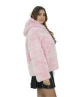 Giacca visone rosa pelliccia morbida 46 cappuccio manica lunga chiusura ganci