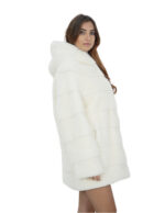 Bianco ottico pelliccia cappotto 46 visone manica lunga orizzontale chiusura ganci tasche esterne
