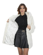 Bianco ottico pelliccia cappotto 46 visone manica lunga orizzontale chiusura ganci tasche esterne