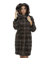Cappotto studio B visone 42 pelliccia lungo 98 cm con collo cappuccio stoffa e bordo pelliccia a parte