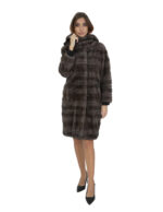 Cappotto studio B visone 46 pelliccia lungo 98 cm con collo cappuccio stoffa e bordo pelliccia a parte
