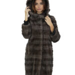 Cappotto studio B visone 46 pelliccia lungo 98 cm con collo cappuccio stoffa e bordo pelliccia a parte