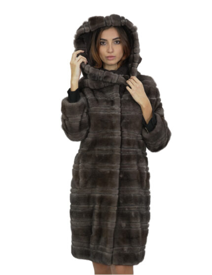 Cappotto studio B visone 46 pelliccia lungo 98 cm con collo cappuccio stoffa e bordo pelliccia a parte