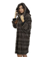 Cappotto studio B visone 46 pelliccia lungo 98 cm con collo cappuccio stoffa e bordo pelliccia a parte