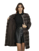 Cappotto studio B visone 46 pelliccia lungo 98 cm con collo cappuccio stoffa e bordo pelliccia a parte