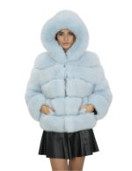 Giacca lunga 64 cm 42 pelliccia volpe celeste lavorazione orizzontale con maniche lunghe e cappuccio