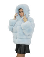 64 cm lange Jacke 44 hellblaues Fuchsfell mit langen Ärmeln und Kapuze – Bild 3