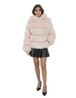 Giacca lunga 64 cm 42 pelliccia volpe rosa cipria lavorazione orizzontale con maniche lunghe e cappuccio