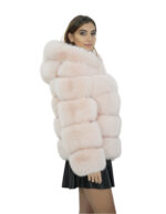 Giacca lunga 64 cm 42 pelliccia volpe rosa cipria lavorazione orizzontale con maniche lunghe e cappuccio