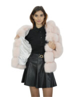 Giacca lunga 64 cm 42 pelliccia volpe rosa cipria lavorazione orizzontale con maniche lunghe e cappuccio