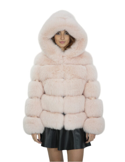 Giacca lunga 64 cm 44 pelliccia volpe rosa cipria lavorazione orizzontale con maniche lunghe e cappuccio