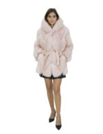 Giacca in volpe trasversale 46 rosa cipria cappuccio pelliccia donna con ganci a maniche lunghe