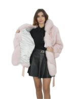 Giacca in volpe trasversale 46 rosa cipria cappuccio pelliccia donna con ganci a maniche lunghe