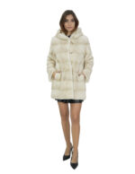 Cappotto in pelliccia di visone beige 44 con cappuccio maniche lunghe tasche laterali esterne