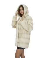 Cappotto in pelliccia di visone beige 44 con cappuccio maniche lunghe tasche laterali esterne