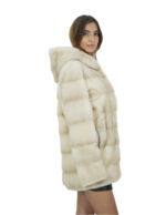 Cappotto in pelliccia di visone beige 44 con cappuccio maniche lunghe tasche laterali esterne