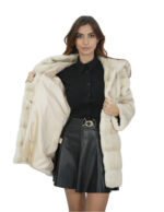 Cappotto in pelliccia di visone beige 44 con cappuccio maniche lunghe tasche laterali esterne