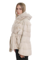 Giacca visone orizzontale beige sfumato cappuccio pelliccia manica tre quarti con ganci 44