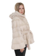 Giacca visone orizzontale beige sfumato cappuccio pelliccia manica tre quarti con ganci 44
