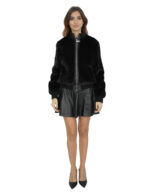 Giacca bomber con collo elastico 44 nero pelliccia visone manica lunga con elastico chiusura zip
